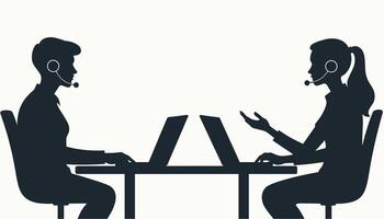 Silhouette of a man and woman in a business meeting, both wearing headsets and working on laptops. vector