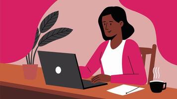 Illustration of a woman of African descent working on a laptop at a desk with a plant and coffee, set against a vibrant pink background. vector