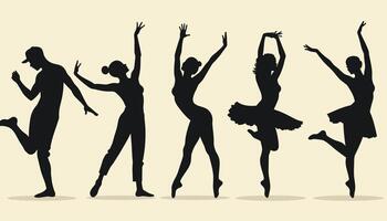 Silhouettes of diverse dancers striking elegant poses against a light background, showcasing various dance styles and expressions of art and movement. vector