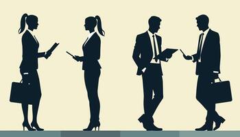 Silhouettes of business professionals in discussion, featuring men and women in formal attire, set in a professional environment. vector