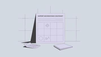 Illustration of a financial cheatsheet with calculator and notebook, emphasizing stock market analysis tools in a minimalist design. vector