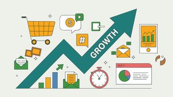 Illustration depicting business growth with an arrow, graphs, and various financial icons in green and orange tones. vector