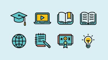 Colorful educational icons on a light blue background illustrate learning tools and concepts, including a globe, laptop, book, and graduation cap. vector