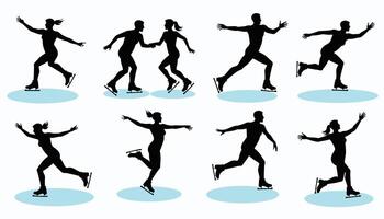 Silhouette figures showcasing ice skating moves on a light blue background, capturing dynamic motion and balance. vector