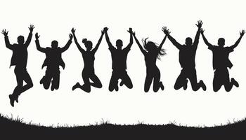 Silhouettes of diverse men and women joyfully jumping in the air, showcasing excitement and unity against a bright background. vector