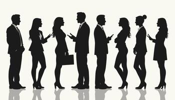 Silhouettes of diverse men and women in conversation, dressed in business attire against a neutral background, symbolizing professional dialogue and networking. vector