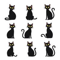 A collection of nine black cats with yellow eyes sitting in various positions, depicted in a simple, cartoon style on a white background. vector