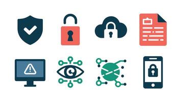 A collection of cybersecurity icons representing security concepts such as data protection, encryption, and safe online practices. vector