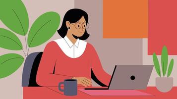 Illustration of a woman of Asian descent working at a laptop in a modern, colorful office space with plants, conveying a productive and creative atmosphere. vector