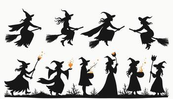 Silhouettes of witches in various poses, casting spells and flying on broomsticks, depicted with dramatic gestures in a mystical and magical scene. vector