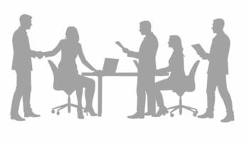 Silhouettes of diverse professionals collaborating in an office setting, conveying teamwork and productivity. vector