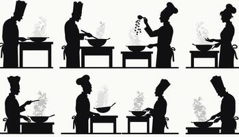 Silhouettes of chefs in various poses showcasing cooking techniques in a kitchen setting. vector