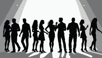 Silhouettes of diverse men and women engaged in conversation, set against a bright spotlight, creating a lively and sociable atmosphere. vector