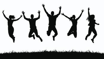 Group of five people joyfully jumping in silhouette against a white background, expressing freedom and energy. vector