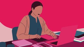 Illustration of a woman working on a laptop at a desk, surrounded by notebooks and stationery, set against a vibrant pink background. vector