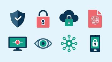 Graphic icons depicting cybersecurity elements like a shield, lock, cloud, fingerprint, and secured devices, illustrating a secure digital environment concept. vector