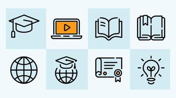 icons representing education concepts like graduation, online learning, books, global connectivity, certification, and ideas on a light blue background. vector