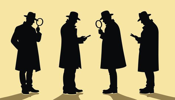 Silhouetted figures of detectives in various poses against a yellow background, exuding mystery and intrigue. vector