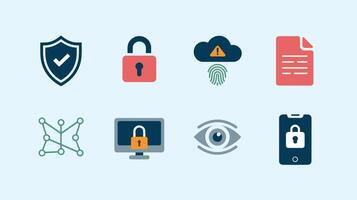 Illustration showcasing cybersecurity concepts with icons of a lock, shield, fingerprint, and network, emphasizing digital security and data protection. vector