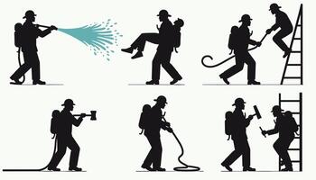 Silhouettes of firefighters in action depict teamwork and bravery in various emergency scenarios, showcasing their dedication and skill. vector