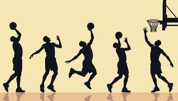 Silhouettes of five male basketball players executing a jump shot sequence against a neutral background, showcasing athleticism and dynamic movement. vector