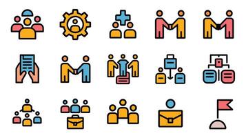 Colorful business and teamwork icons depicting collaboration, organization, and communication in a modern style. vector