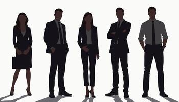 Silhouettes of business professionals, both men and women, exuding confidence and unity. The image portrays a diverse group in formal attire against a neutral background. vector