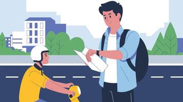 Young male traveler with backpack checks map while interacting with a scooter rider in an urban setting. vector