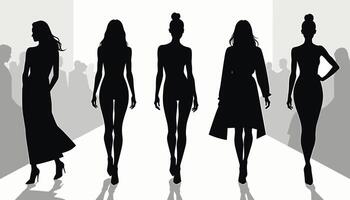 Silhouettes of five female models confidently strutting down the runway, showcasing elegance and style against a backlit fashion show setting. vector