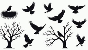 Silhouettes of birds in flight and perched on leafless trees against a plain background, capturing a sense of nature and freedom. vector