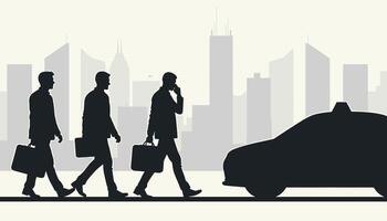 Silhouette of three business professionals walking towards a taxi against a city skyline, creating a dynamic urban scene of motion and purpose. vector
