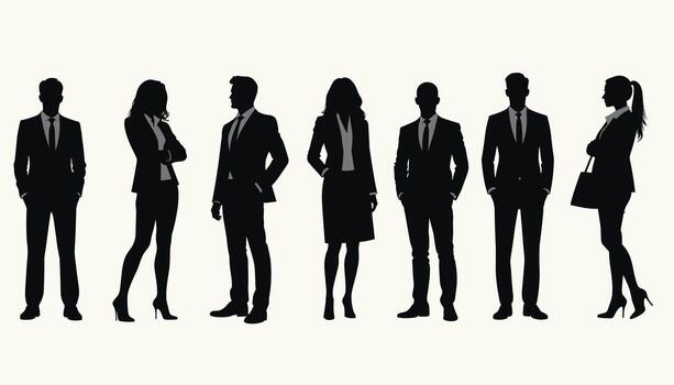 siluetas de diverso profesionales en pie con confianza, exhibiendo trabajo en equipo y unidad en un corporativo ajuste. vector