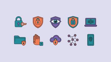 A set of cybersecurity icons depicting locks, shields, and biometric symbols on a light purple background, emphasizing digital security themes. vector