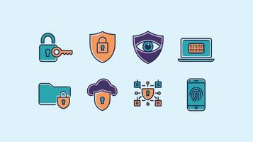 Illustration featuring cybersecurity icons such as locks, shields, and digital devices representing protection and data privacy on a light blue background. vector