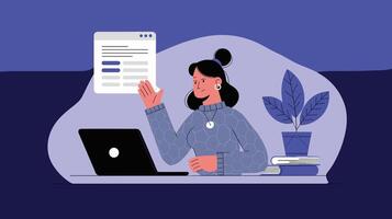 Illustration of a woman at a desk with a laptop, engaging with digital content, surrounded by books and plants. vector