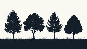Silhouette of four distinct tree types in a row, set against a simple white background. vector