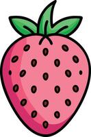 Strawberry Illustration with Green Leaves, Simple, vibrant illustration of a strawberry with seeds and green leaves, symbolizing freshness and sweetness in a minimalist style. vector