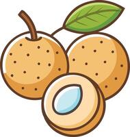 Cartoon illustration of longan with leaves,showcasing simple, minimalistic,stylized ,colorful design.ideal for food-related designs or healthy eating themes. vector