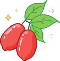 Goji Berry Illustration with Leaves and Sparkles, Colorful illustration of two goji berries with green leaves and decorative sparkles, symbolizing health and vitality in a playful style. vector