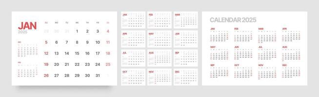 Calendar template for 2025 year. Wall calendar in a minimalist style. Week Starts on Sunday. vector