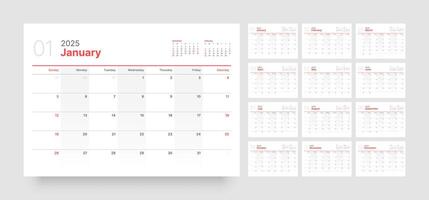 Monthly calendar template for 2025 year. Wall or desk calendar in a minimalist style. Planner for 2025 year. Week Starts on Sunday. vector