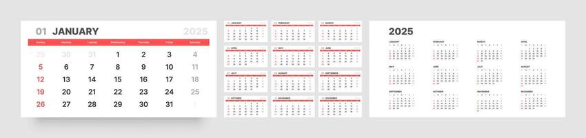 Monthly calendar template for 2025 year. Quarterly calendar. Week Starts on Sunday. vector