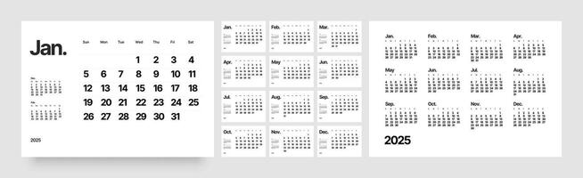 Monthly calendar template for 2025 year. Desk calendar in a minimalist style. Week Starts on Sunday. vector