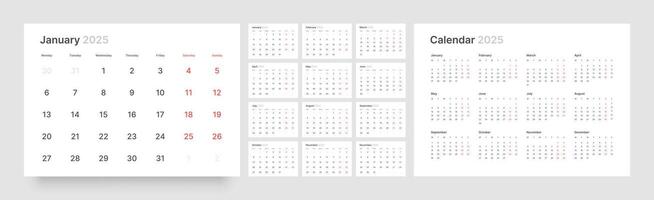 Calendar for 2025 year. Wall calendar in a minimalist style. Week Starts on Monday. vector