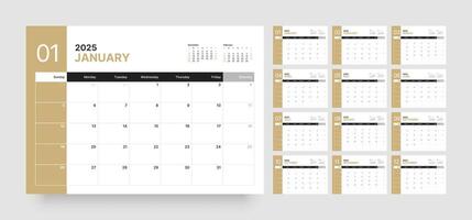 Monthly calendar for 2025 year. Wall or desk calendar in a minimalist style. Diary planner for 2025 year. Week Starts on Sunday. vector