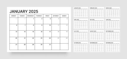 Diary planner in a minimalist style. Monthly calendar template for 2025 year. Week Starts on Monday. vector