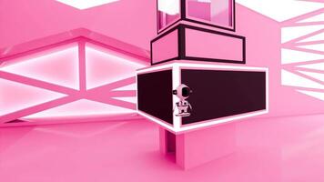 3D robot flying on a jet board around screen in pink room animation video