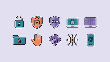 Illustrated security icons including padlocks, shields, fingerprint, cloud, and network for cybersecurity concepts on a light purple background. vector