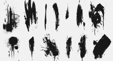Abstract black paint splatters and brush strokes on a white background, showcasing a dynamic composition of artistic expressions. vector
