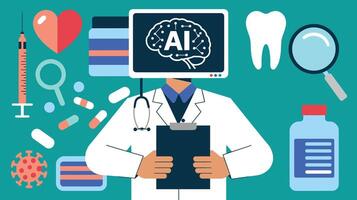 Illustration of a healthcare professional with an AI head, symbolizing the integration of artificial intelligence in medicine and healthcare innovation. vector